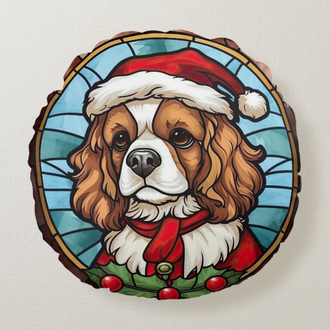 Cavalier King Charles Spaniel Glass Christmas Round Cushion (Front)