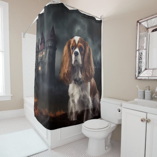 Cavalier King Charles Spaniel Halloween Scary Shower Curtain (In Situ)