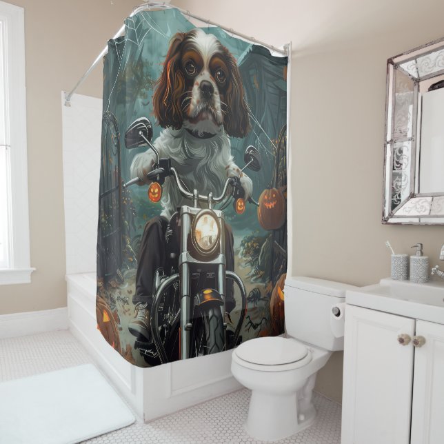 Cavalier King Charles Spaniel Halloween Scary Shower Curtain (In Situ)