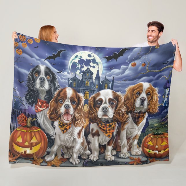 Cavalier King Charles Spaniel Halloween Spooky Fleece Blanket (In Situ)