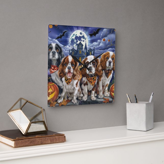 Cavalier King Charles Spaniel Halloween Spooky Square Wall Clock (Office)