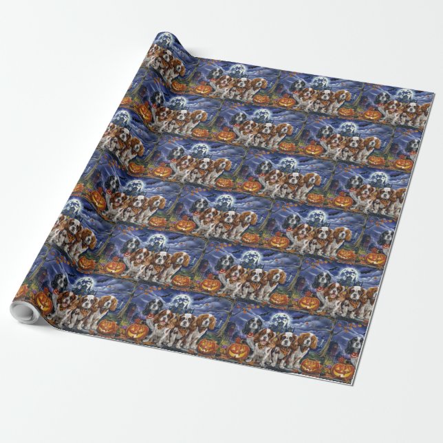 Cavalier King Charles Spaniel Halloween Spooky Wrapping Paper (Unrolled)