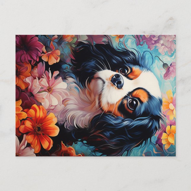 Cavalier King Charles Spaniel in flowers Postcard (Front)