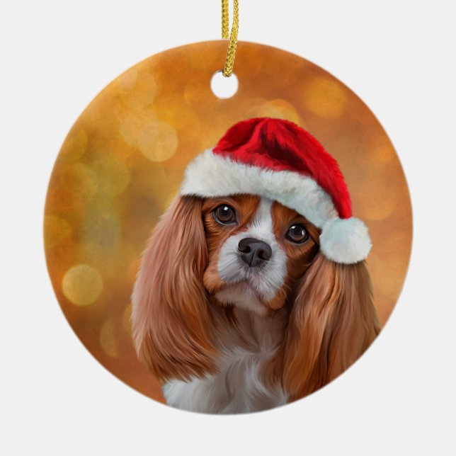 Cavalier King Charles Spaniel in red hat of Santa Ceramic Ornament (Front)