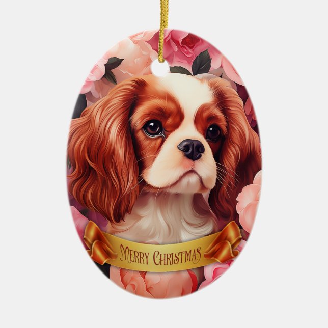 Cavalier King Charles Spaniel in Roses Ceramic Ornament (Front)