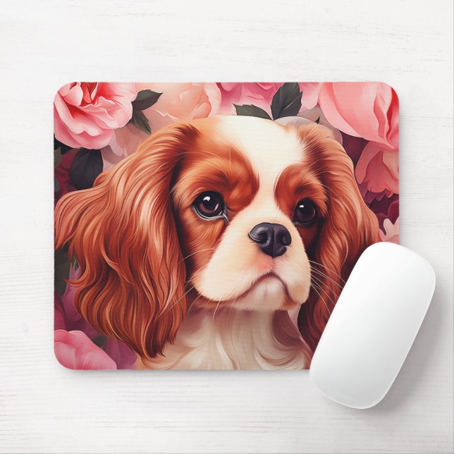 Cavalier King Charles Spaniel in Roses Mouse Pad (With Mouse)