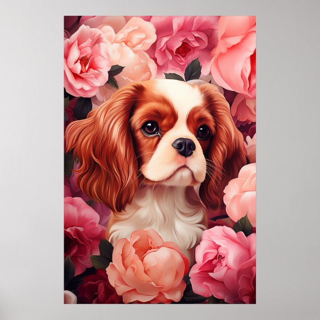 Cavalier King Charles Spaniel in Roses Poster (Front)