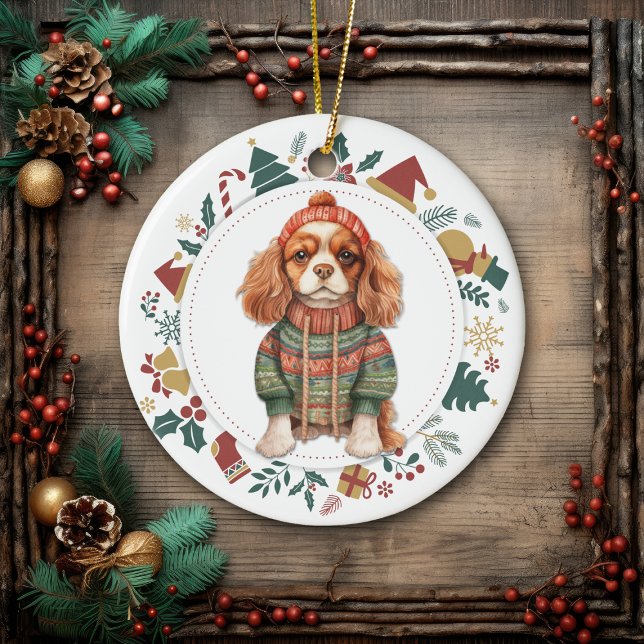 Cavalier King Charles Spaniel in Winter Sweater Ceramic Ornament (Creator Uploaded)