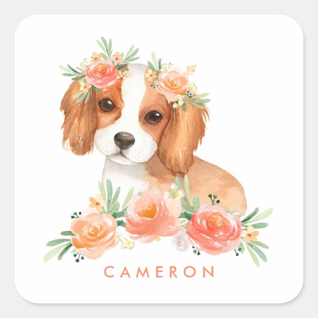 Cavalier King Charles Spaniel Orange Floral Custom Square Sticker (Front)