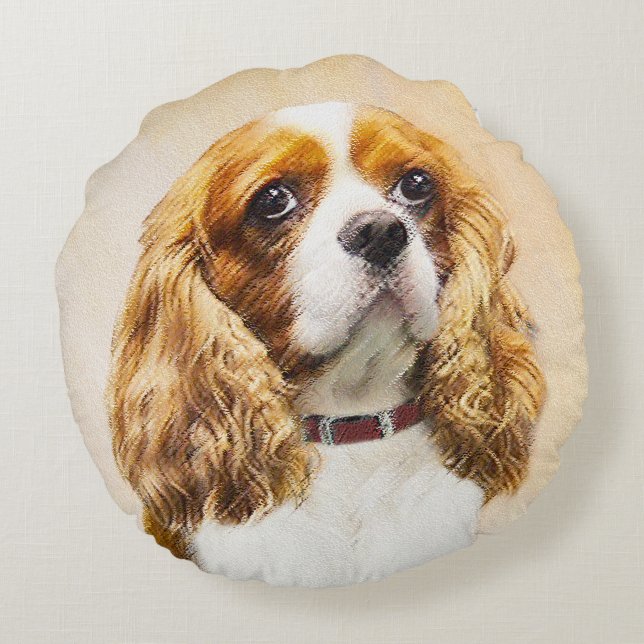 Cavalier King Charles Spaniel Original Painting Round Cushion (Back)