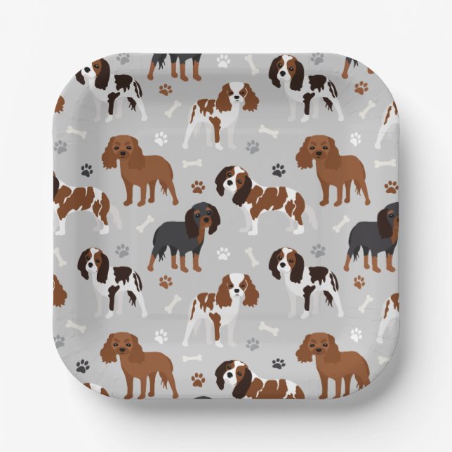 Cavalier King Charles Spaniel Paws and Bones Paper Paper Plate (Front)