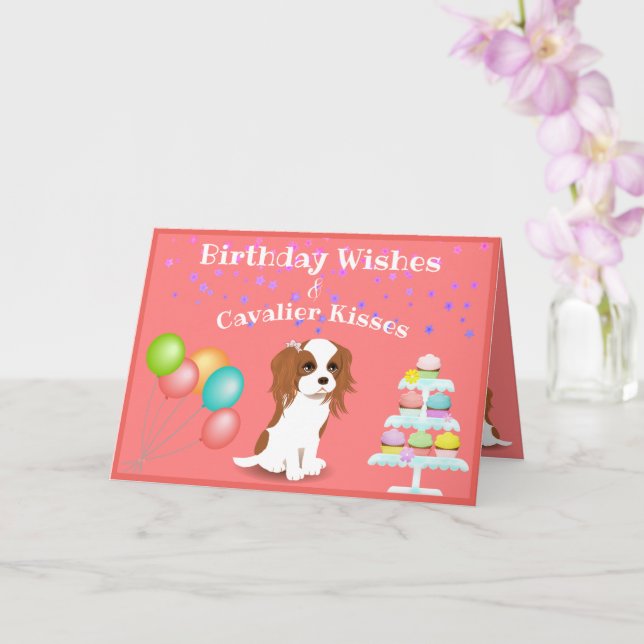 Cavalier King Charles Spaniel Pink Happy Birthday Card (Orchid)