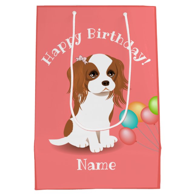 Cavalier King Charles Spaniel Pink Happy Birthday Medium Gift Bag (Back)