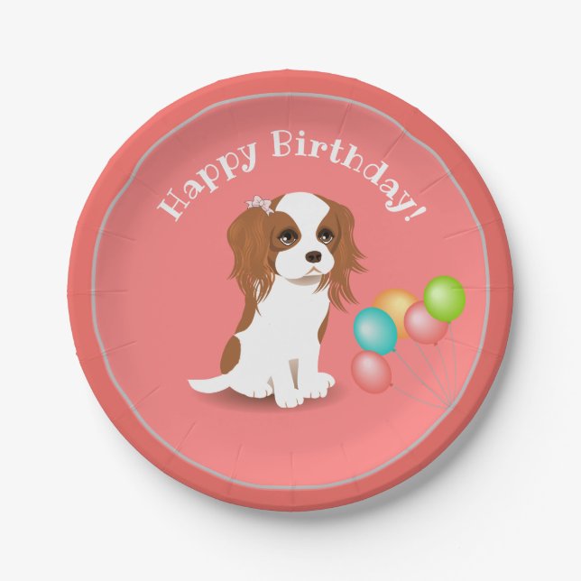 Cavalier King Charles Spaniel Pink Happy Birthday  Paper Plate (Front)