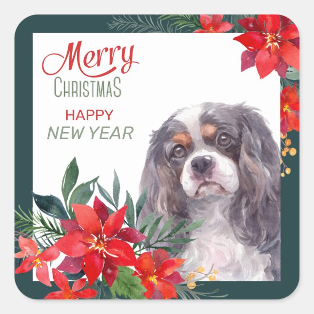 Cavalier King Charles Spaniel Poinsettia Bouquet Square Sticker (Front)