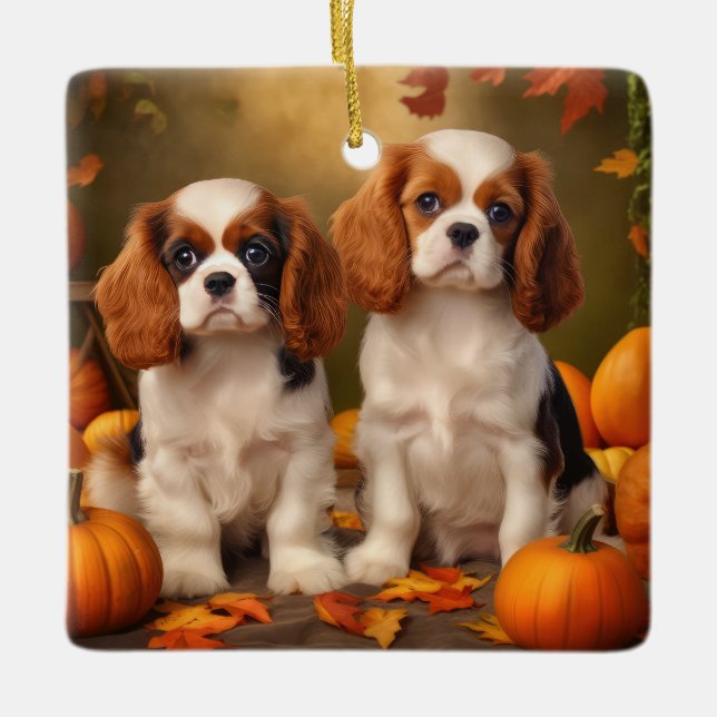 Cavalier King Charles Spaniel Puppy Autumn Pumpkin Ceramic Ornament (Front)