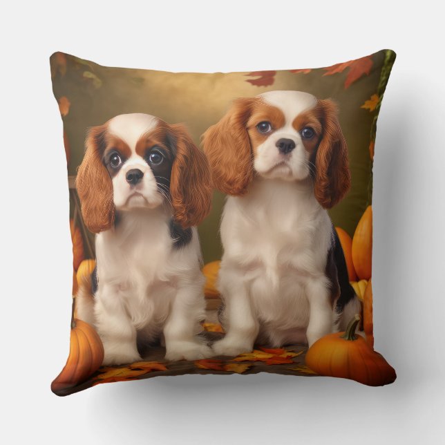 Cavalier King Charles Spaniel Puppy Autumn Pumpkin Cushion (Back)