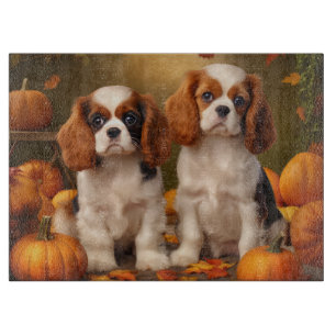 Cavalier King Charles Spaniel Puppy Autumn Pumpkin Cutting Board