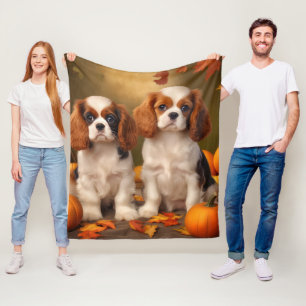 Cavalier King Charles Spaniel Puppy Autumn Pumpkin Fleece Blanket