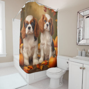 Cavalier King Charles Spaniel Puppy Autumn Pumpkin Shower Curtain