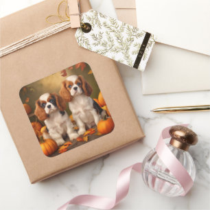 Cavalier King Charles Spaniel Puppy Autumn Pumpkin Square Sticker