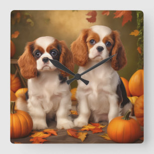 Cavalier King Charles Spaniel Puppy Autumn Pumpkin Square Wall Clock