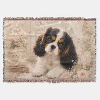 Cavalier King Charles Spaniel Puppy in Soft Pink F Throw Blanket