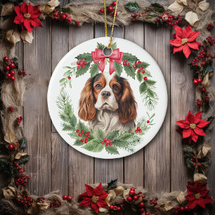 Cavalier King Charles Spaniel Red Bow Holly Wreath Ceramic Ornament