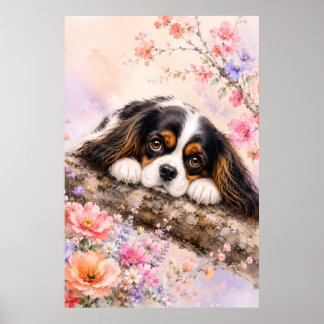 Cavalier King Charles Spaniel Resting on a Blossom Poster