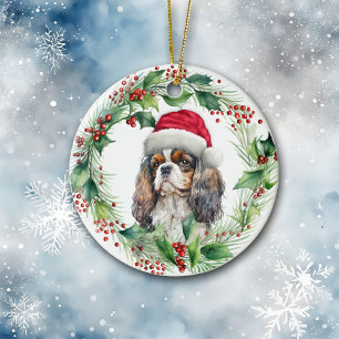 Cavalier King Charles Spaniel Santa Wreath Ceramic Ornament
