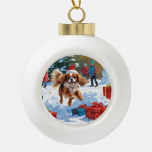 Cavalier King Charles Spaniel Snow with Christmas  Ceramic Ball Christmas Ornament