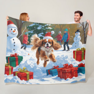 Cavalier King Charles Spaniel Snow with Christmas  Fleece Blanket