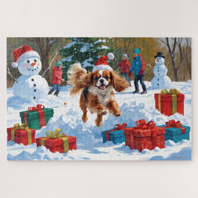 Cavalier King Charles Spaniel Snow with Christmas  Jigsaw Puzzle (Horizontal)
