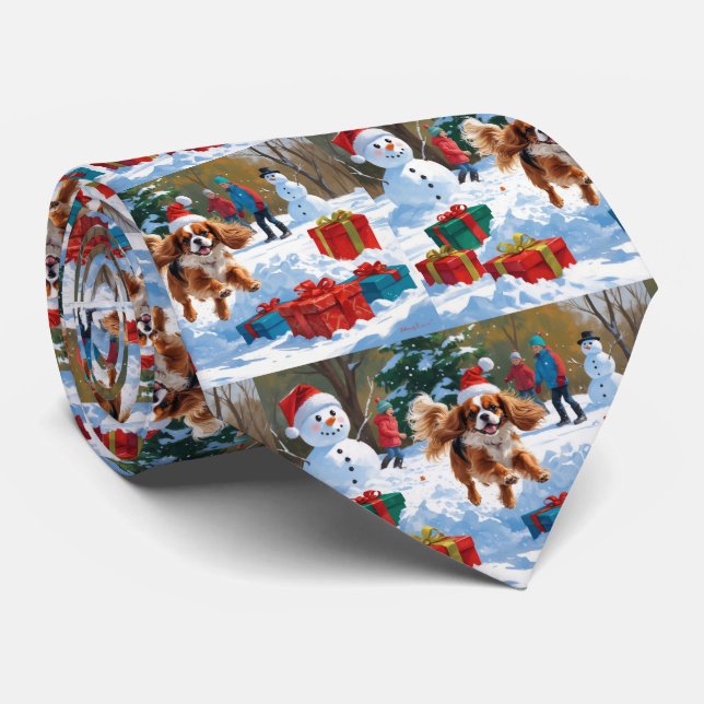 Cavalier King Charles Spaniel Snow with Christmas  Tie (Rolled)