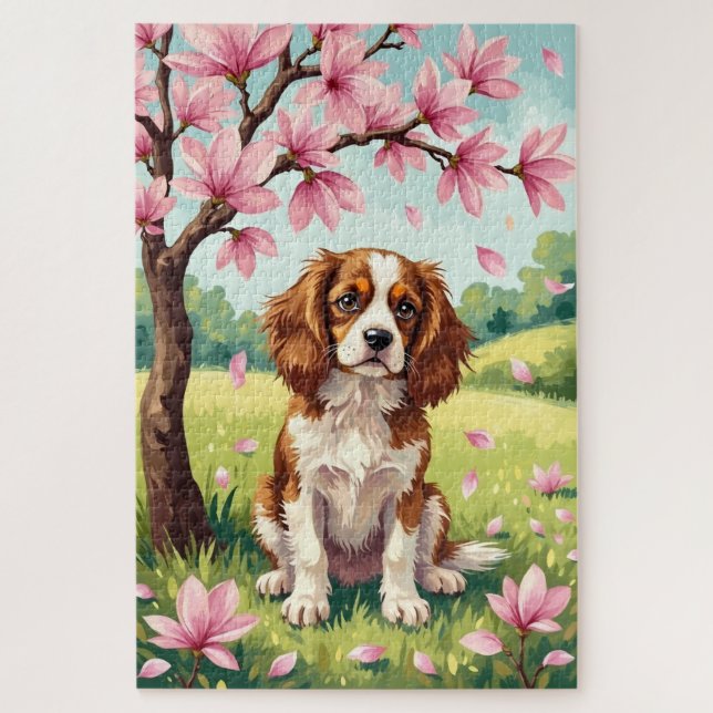 Cavalier King Charles Spaniel Spring Blossom Dog Jigsaw Puzzle (Vertical)