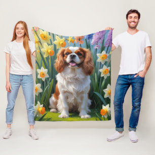 Cavalier King Charles Spaniel Spring Flowers  Fleece Blanket