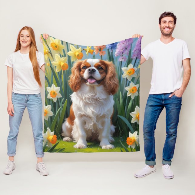 Cavalier King Charles Spaniel Spring Flowers  Fleece Blanket (In Situ)