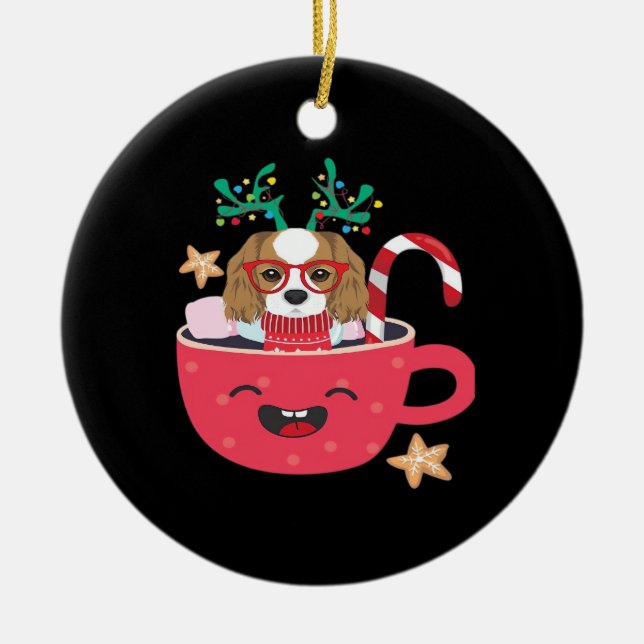 Cavalier King Charles Spaniel Teacup Xmas Holiday  Ceramic Ornament (Front)