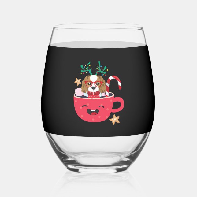Cavalier King Charles Spaniel Teacup Xmas Holiday  Stemless Wine Glass (Front)