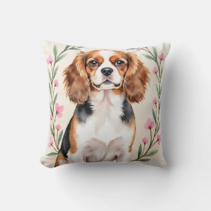 Cavalier King Charles Spaniel Watercolor Floral  Cushion