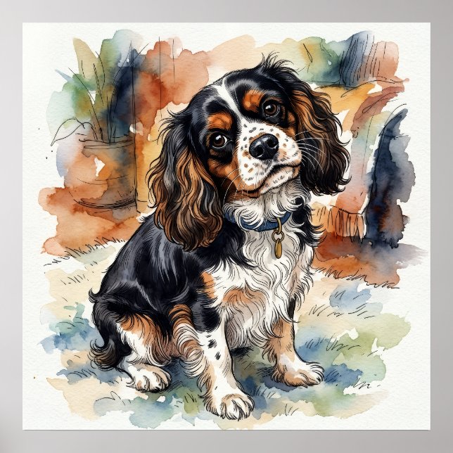 Cavalier King Charles Spaniel Watercolour Portrait Poster (Front)