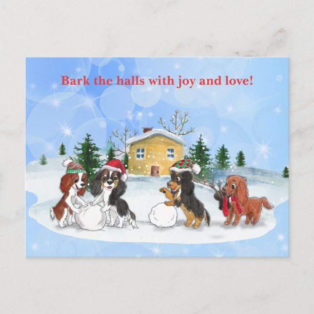 Cavalier King Charles Spaniels Building a Snowman Holiday Postcard (Front)