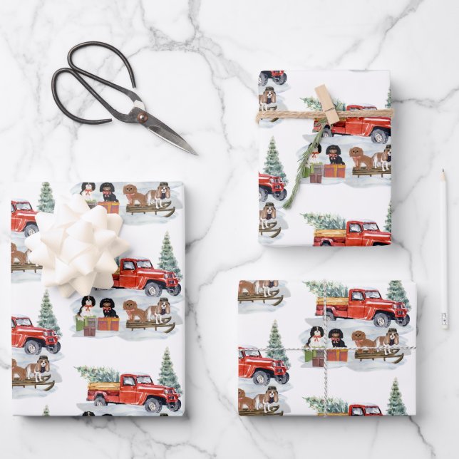 Cavalier King Charles Spaniels Winter Truck Wrapping Paper Sheet (Front)