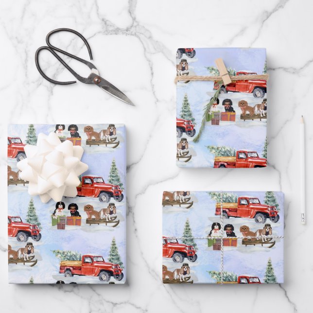 Cavalier King Charles Spaniels Winter Truck Wrapping Paper Sheet (Front)