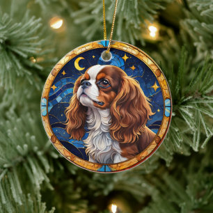 Cavalier King Charles Stained Glass Night Sky Moon Ceramic Ornament