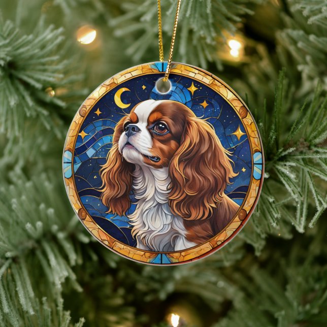 Cavalier King Charles Stained Glass Night Sky Moon Ceramic Ornament (Tree)