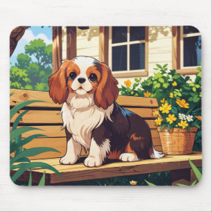 Cavalier King Charles tricolor on a bench Mouse Pad
