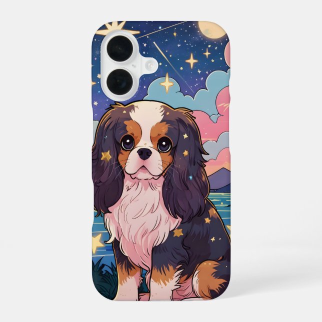 Cavalier King Charles Tricolor Pastel Clouds iPhone 16 Case (Back)