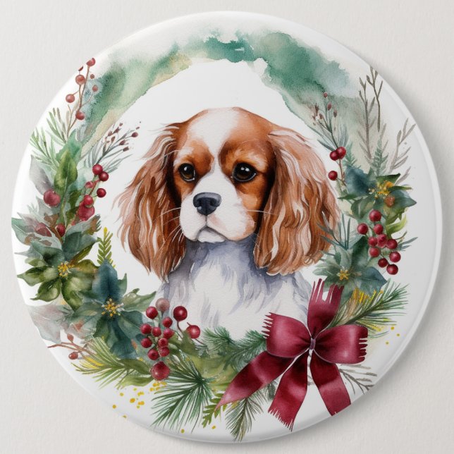 Cavalier King Christmas Wreath Festive Pup  6 Cm Round Badge (Front)