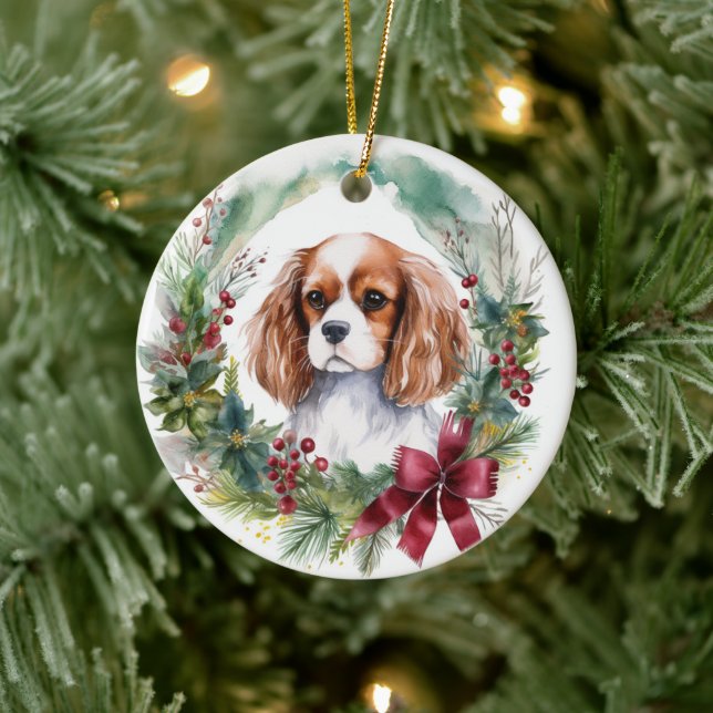 Cavalier King Christmas Wreath Festive Pup  Ceramic Ornament (Tree)
